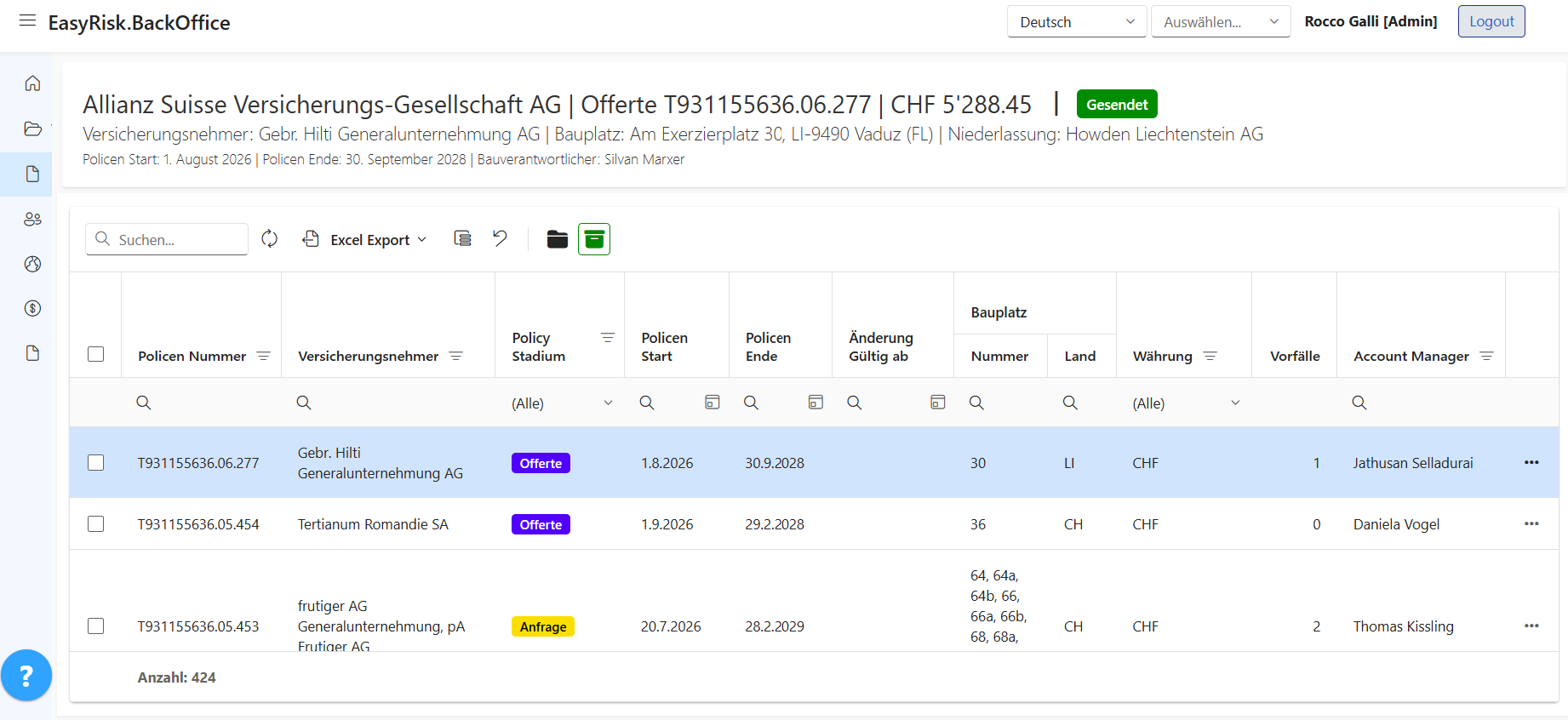 EasyRisk Backoffice Screenshot